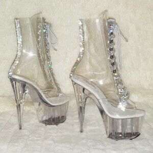 Clear High Heel Ankle Boots With Rhinestone Trim 1021c-2